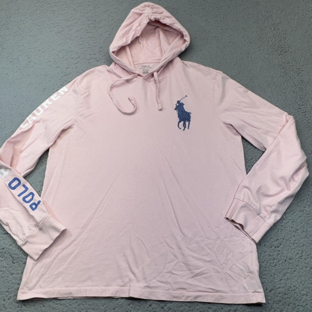 Polo Ralph Lauren Hoodie Mens Medium Pink Big Pony Logo Spell Out Sleeve Hit